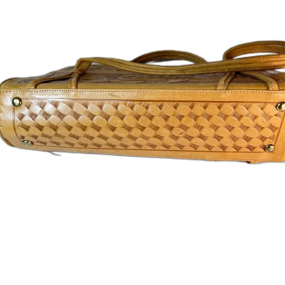 Mexican Tan Leather Rose Detail Tooled Vintage 50-60s Satchel Handbag
